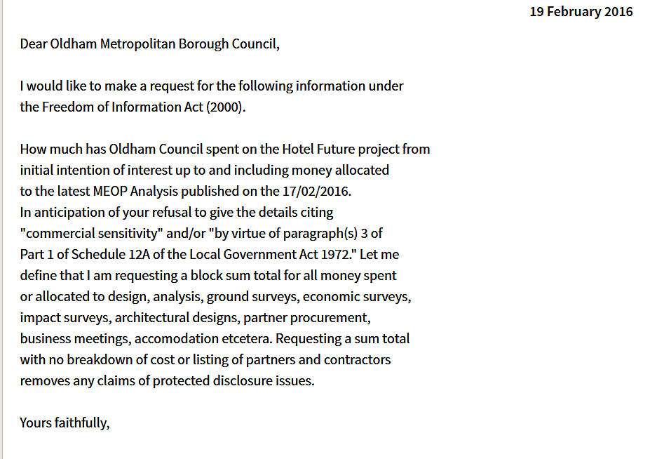Hotel Future FOI request to Oldham Council